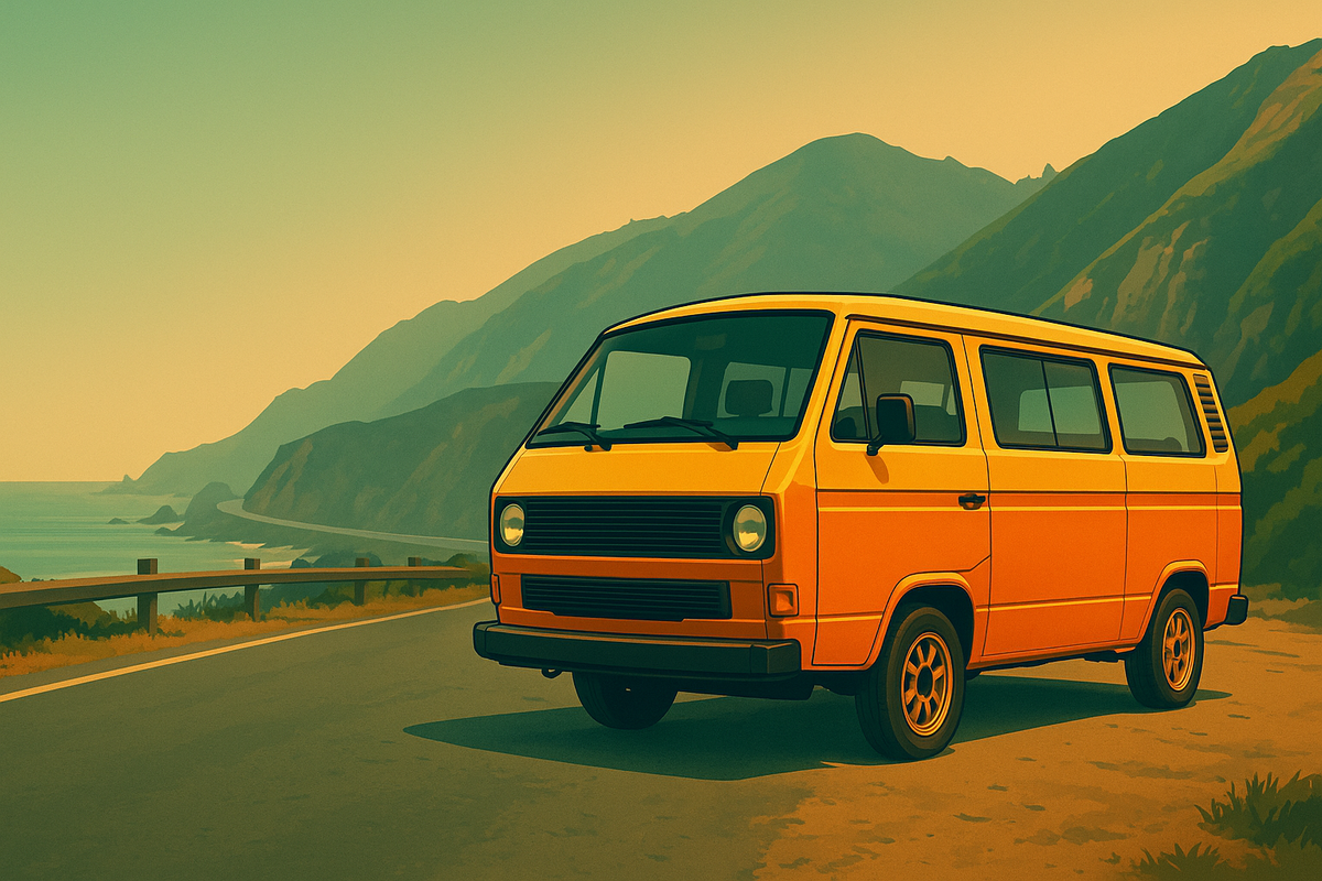 Graphic story art style van and camper themed apparel celebrating travel, freedom, and road adventures.