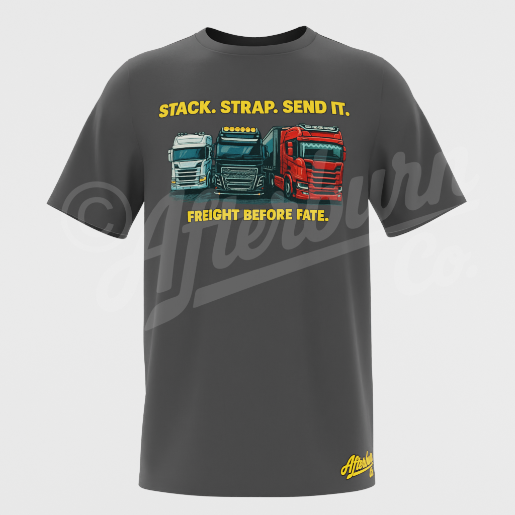 Stack. Strap. Send It. – Freight Before Fate Trucker T-Shirt (ABHA08)