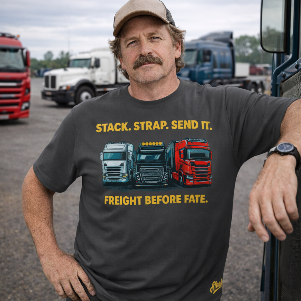 Stack. Strap. Send It. – Freight Before Fate Trucker T-Shirt (ABHA08)