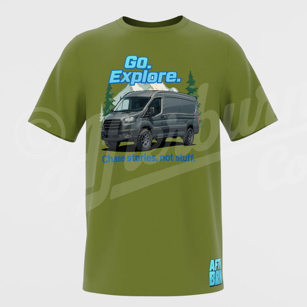 Go. Explore. Van Life T-Shirt – Chase Stories, Not Stuff Camper Van Graphic Tee (ABVL17)