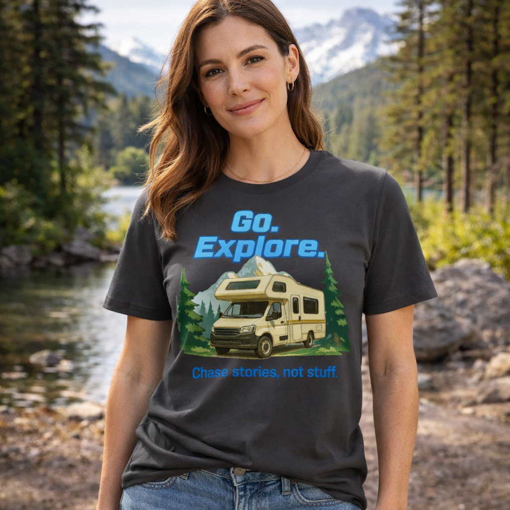 Go. Explore. Van Life Motorhome T-Shirt – Chase Stories, Not Stuff (ABVL18)